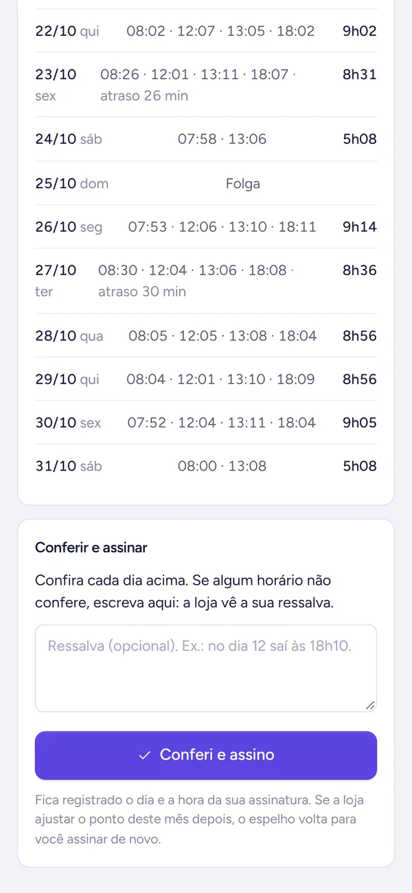 Espelho de ponto no celular com o botão Conferi e assino